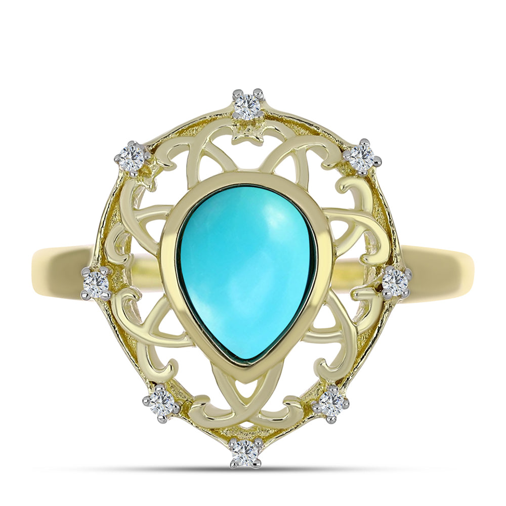 Pozlacené Stříbro 925/1000 - Prsten s Tyrkysem Sleeping Beauty a Bílým Topazem - Karátové číslo: 1.17. přibližná hmotnost: 3.53 gramů