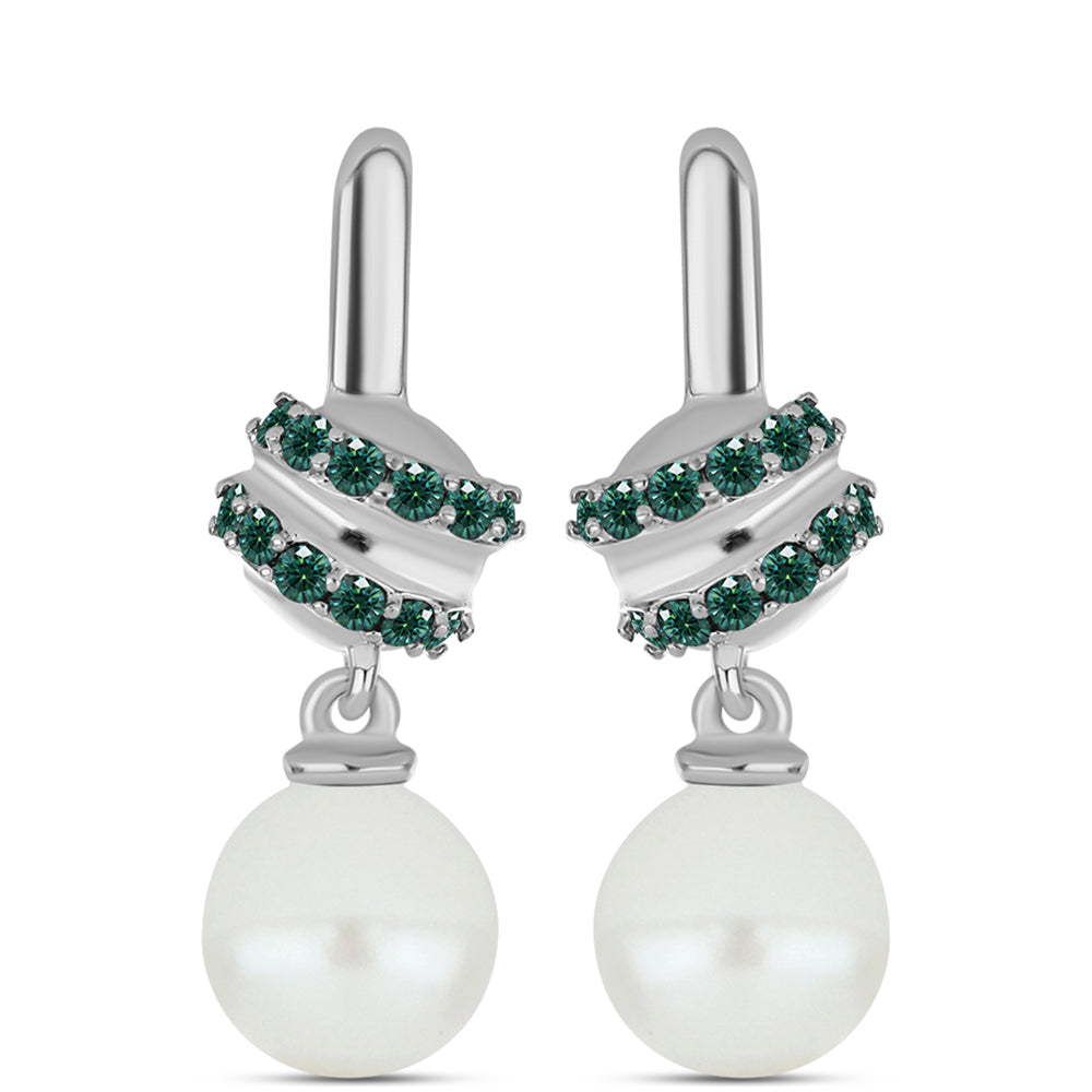 Stříbrné Náušnice s Zelenkavý mořsky modrý Moissanitem a Bílou Sladkovodní Perlou 1 
