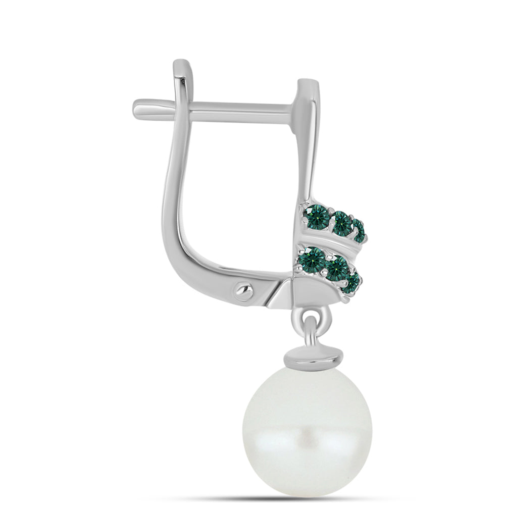 Stříbrné Náušnice s Zelenkavý mořsky modrý Moissanitem a Bílou Sladkovodní Perlou 2 