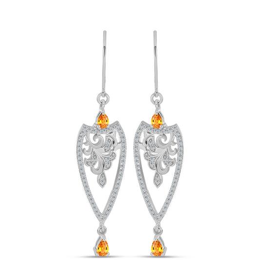 Stříbrné Náušnice s Padparadscha Safírem a Bílým Topazem