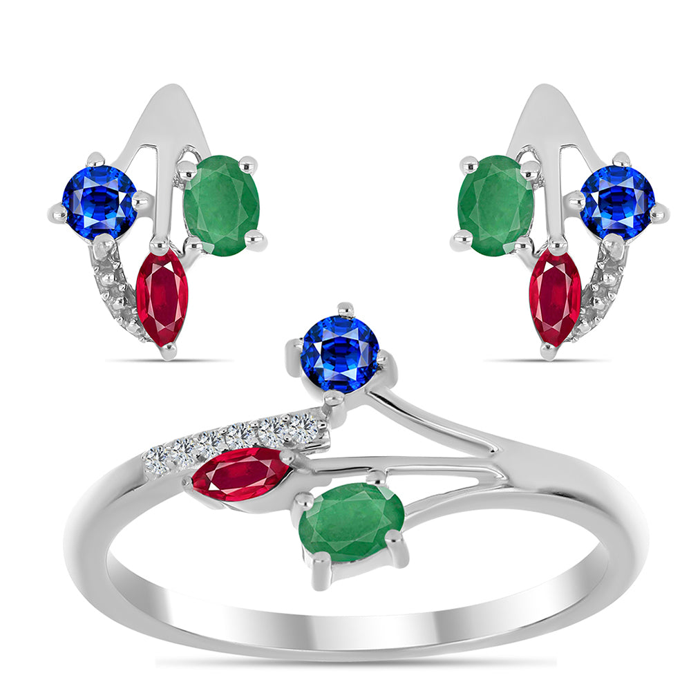 Stříbro 925/1000 - Sada s Madagaskarským Rubínem a Brazilským Smaragdem - Karátové číslo: 1.41. přibližná hmotnost: 3.98 gramů ( Náušnice+Prsten ) 1 