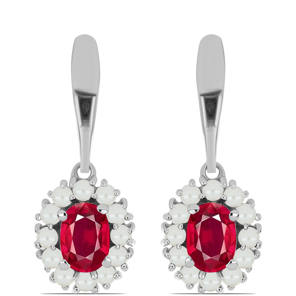 Stříbro 925/1000 - Náušnice s Madagaskarským Rubínem a Bílou Sladkovodní Perlou - Karátové číslo: 3.2. přibližná hmotnost: 4.31 gramů 1 