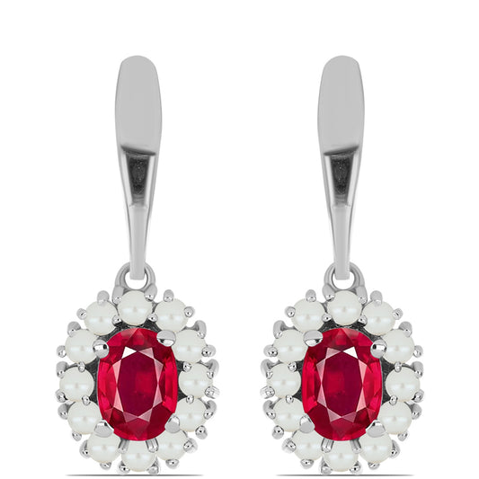 Stříbro 925/1000 - Náušnice s Madagaskarským Rubínem a Bílou Sladkovodní Perlou - Karátové číslo: 3.2. přibližná hmotnost: 4.31 gramů