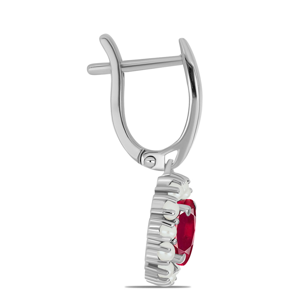 Stříbro 925/1000 - Náušnice s Madagaskarským Rubínem a Bílou Sladkovodní Perlou - Karátové číslo: 3.2. přibližná hmotnost: 4.31 gramů 2 