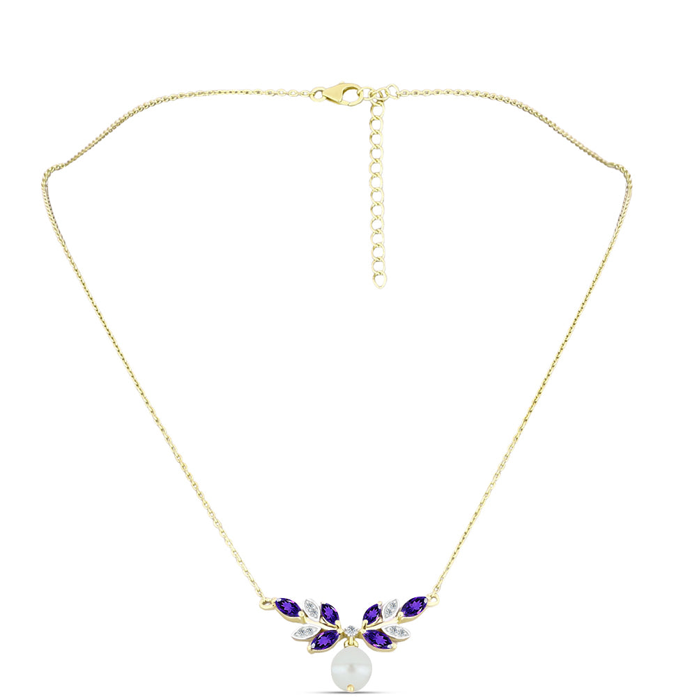 Pozlacený Stříbrný Náhrdelník s Marockým Ametystem a Bílou Sladkovodní Perlou 1 
