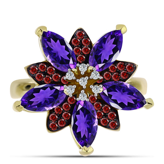 Pozlacené stříbro 925/1000 Prsten s Marockým Ametystem a Bartonským Granátem - Karátové číslo: 2.83. přibližná hmotnost: 5.5 gramů