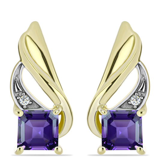 Pozlacené stříbro 925/1000 Náušnice s Marockým Ametystem a Bílým Topazem - Karátové číslo: 1.16. přibližná hmotnost: 4.16 gramů