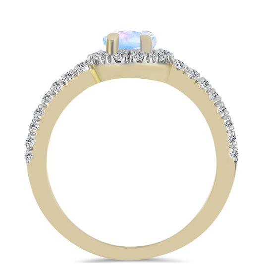 Pozlacené stříbro 925/1000 Prsten s Duhovým Měsíčním Kamenem a Bílým Topazem - Karátové číslo: 1.05. přibližná hmotnost: 2.76 gramů