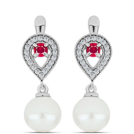 Stříbro 925/1000 - Náušnice s Madagaskarským Rubínem a Bílou Sladkovodní Perlou - Karátové číslo: 7.36. přibližná hmotnost: 4.63 gramů