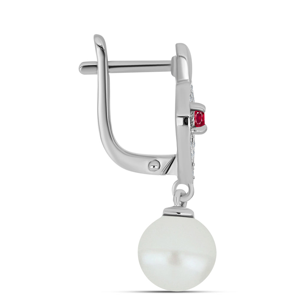 Stříbro 925/1000 - Náušnice s Madagaskarským Rubínem a Bílou Sladkovodní Perlou - Karátové číslo: 7.36. přibližná hmotnost: 4.63 gramů 2 