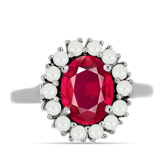Stříbro 925/1000 - Prsten s Madagaskarským Rubínem a Bílou Sladkovodní Perlou - Karátové číslo: 3.34. přibližná hmotnost: 3.88 gramů