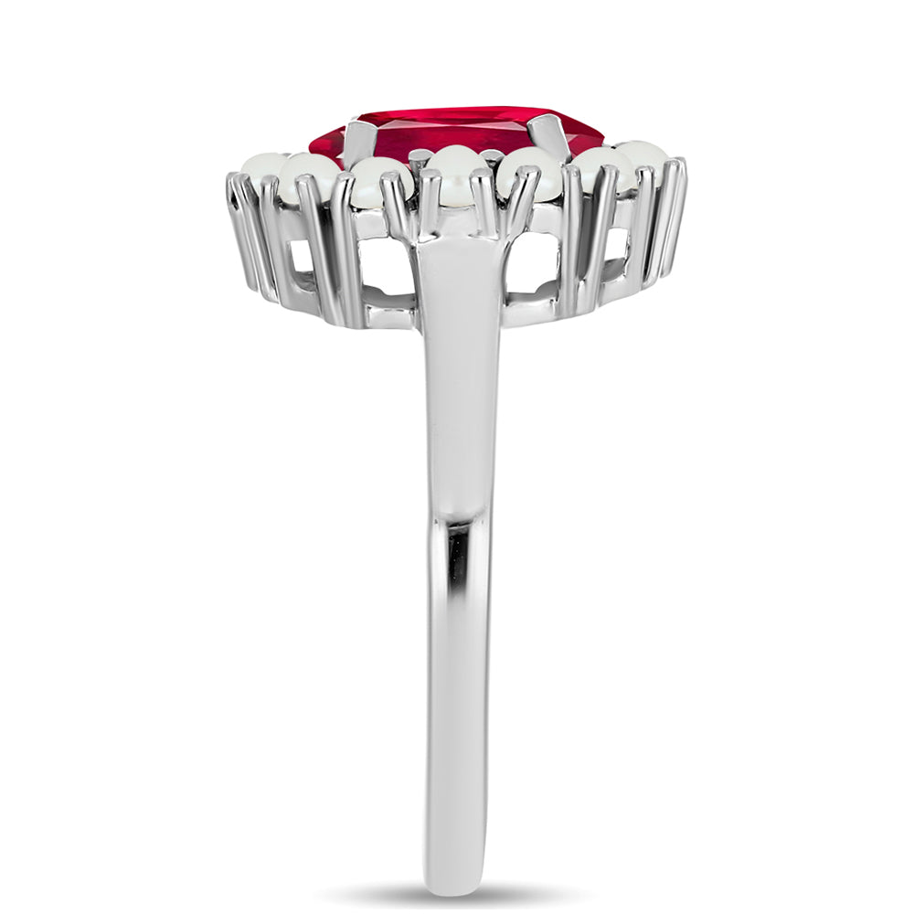 Stříbro 925/1000 - Prsten s Madagaskarským Rubínem a Bílou Sladkovodní Perlou - Karátové číslo: 3.34. přibližná hmotnost: 3.88 gramů