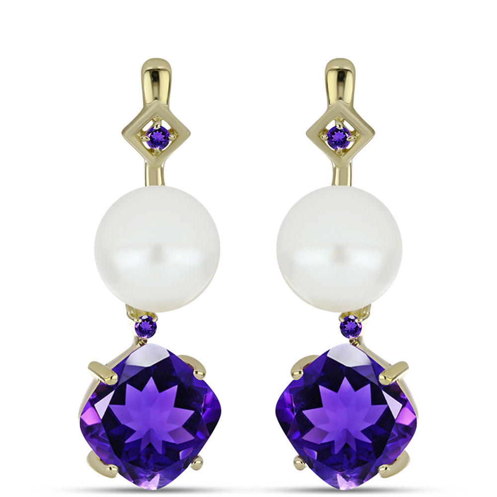 Pozlacené Stříbro 925/1000 - Náušnice s Marockým Ametystem a Bílou Sladkovodní Perlou - Karátové číslo: 10.69. přibližná hmotnost: 4.9 gramů 1 