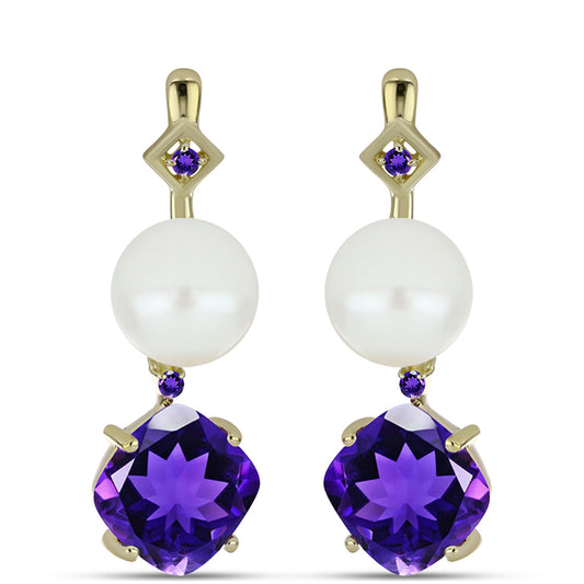 Pozlacené Stříbro 925/1000 - Náušnice s Marockým Ametystem a Bílou Sladkovodní Perlou - Karátové číslo: 10.69. přibližná hmotnost: 4.9 gramů