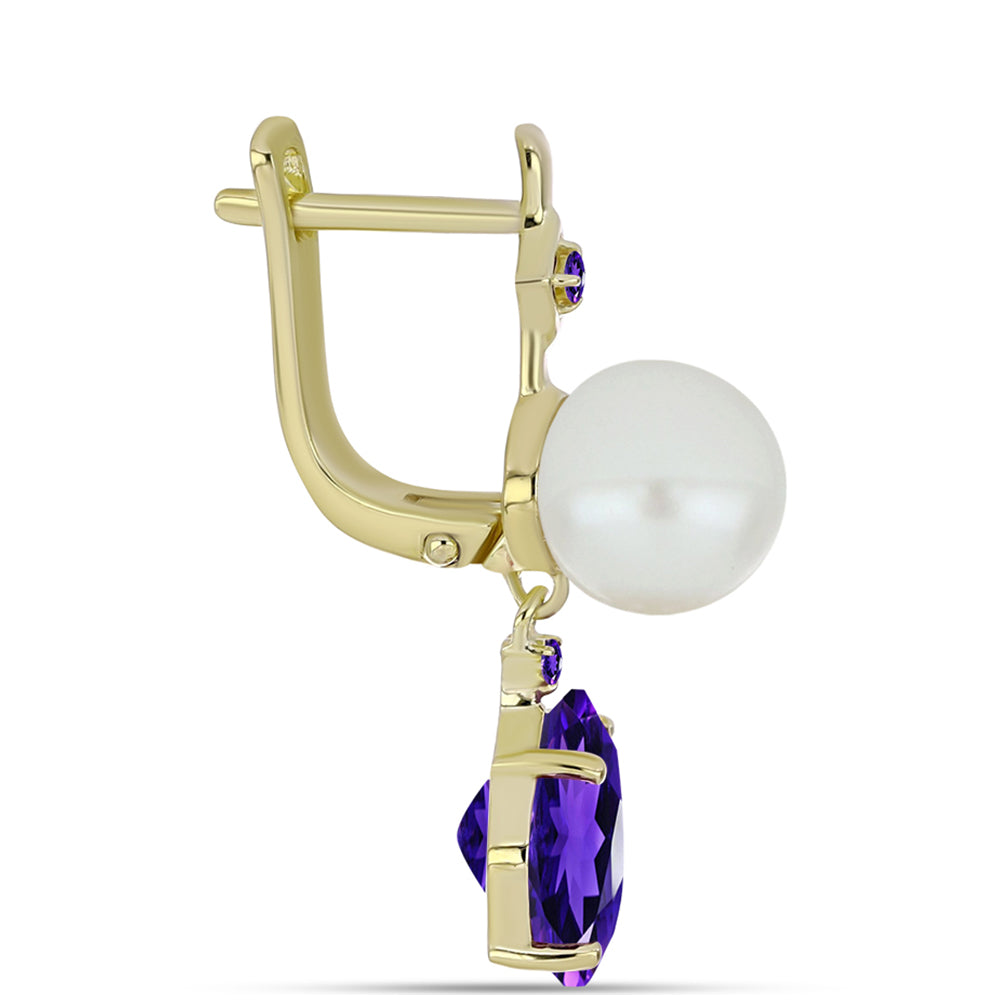 Pozlacené Stříbro 925/1000 - Náušnice s Marockým Ametystem a Bílou Sladkovodní Perlou - Karátové číslo: 10.69. přibližná hmotnost: 4.9 gramů 2 