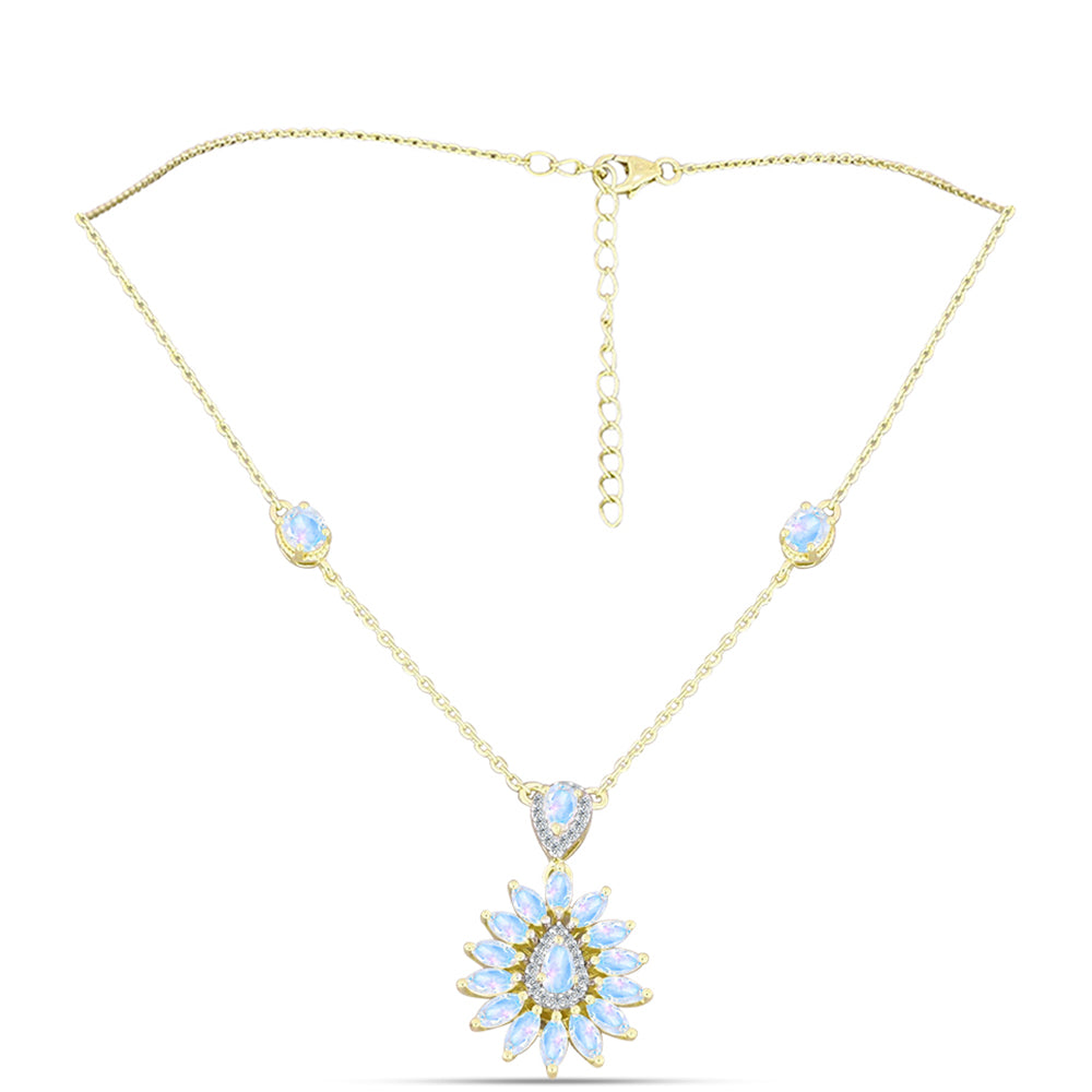 Pozlacené stříbro 925/1000 Náhrdelník s Duhovým Měsíčním Kamenem - Karátové číslo: 3.35. přibližná hmotnost: 6.43 gramů