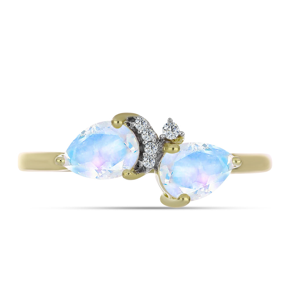 Pozlacené stříbro 925/1000 Prsten s Duhovým Měsíčním Kamenem a Bílým Topazem - Karátové číslo: 1.44. přibližná hmotnost: 2.53 gramů