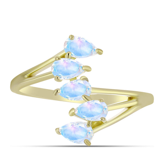 Pozlacené Stříbro 925/1000 - Prsten s Duhovým Měsíčním Kamenem - Karátové číslo: 1.08. přibližná hmotnost: 2.7 gramů