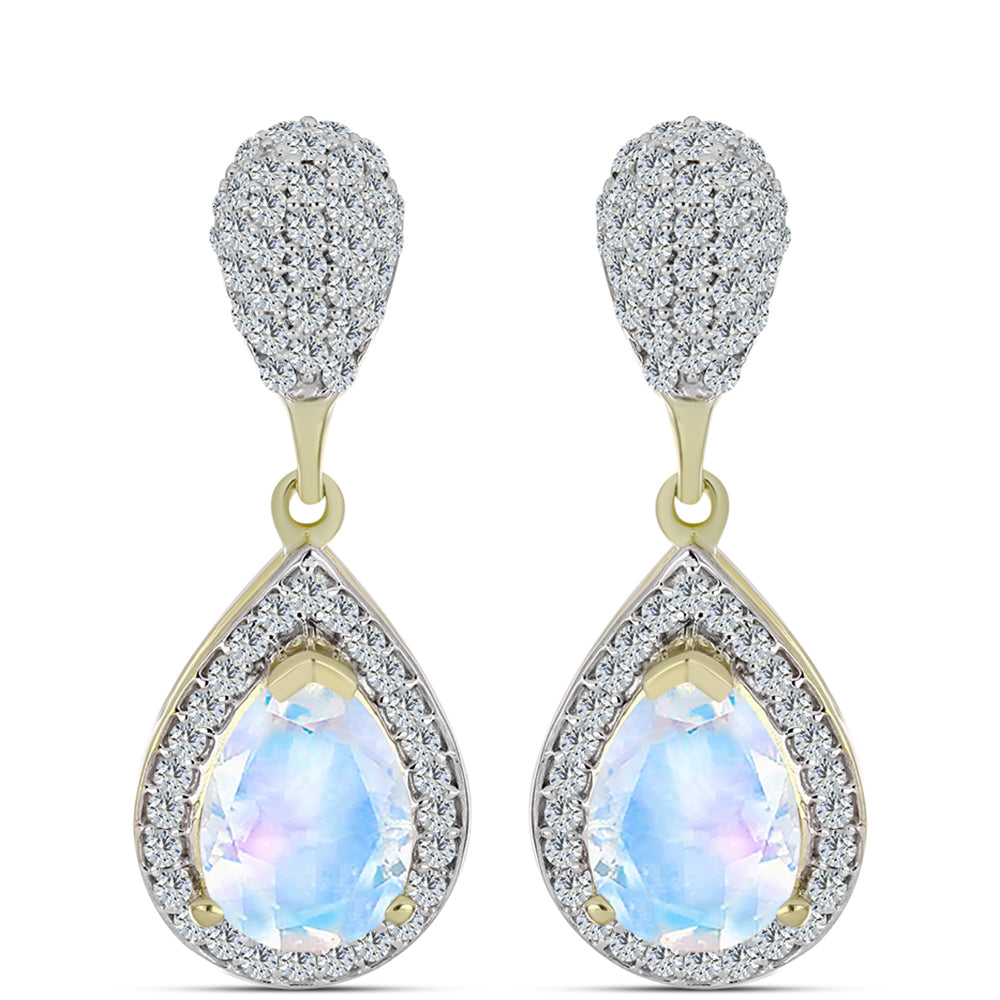 Pozlacené stříbro 925/1000 Náušnice s Duhovým Měsíčním Kamenem a Bílým Topazem - Karátové číslo: 4.56. přibližná hmotnost: 5.42 gramů 1 