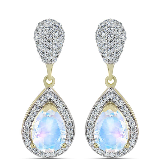 Pozlacené stříbro 925/1000 Náušnice s Duhovým Měsíčním Kamenem a Bílým Topazem - Karátové číslo: 4.56. přibližná hmotnost: 5.42 gramů