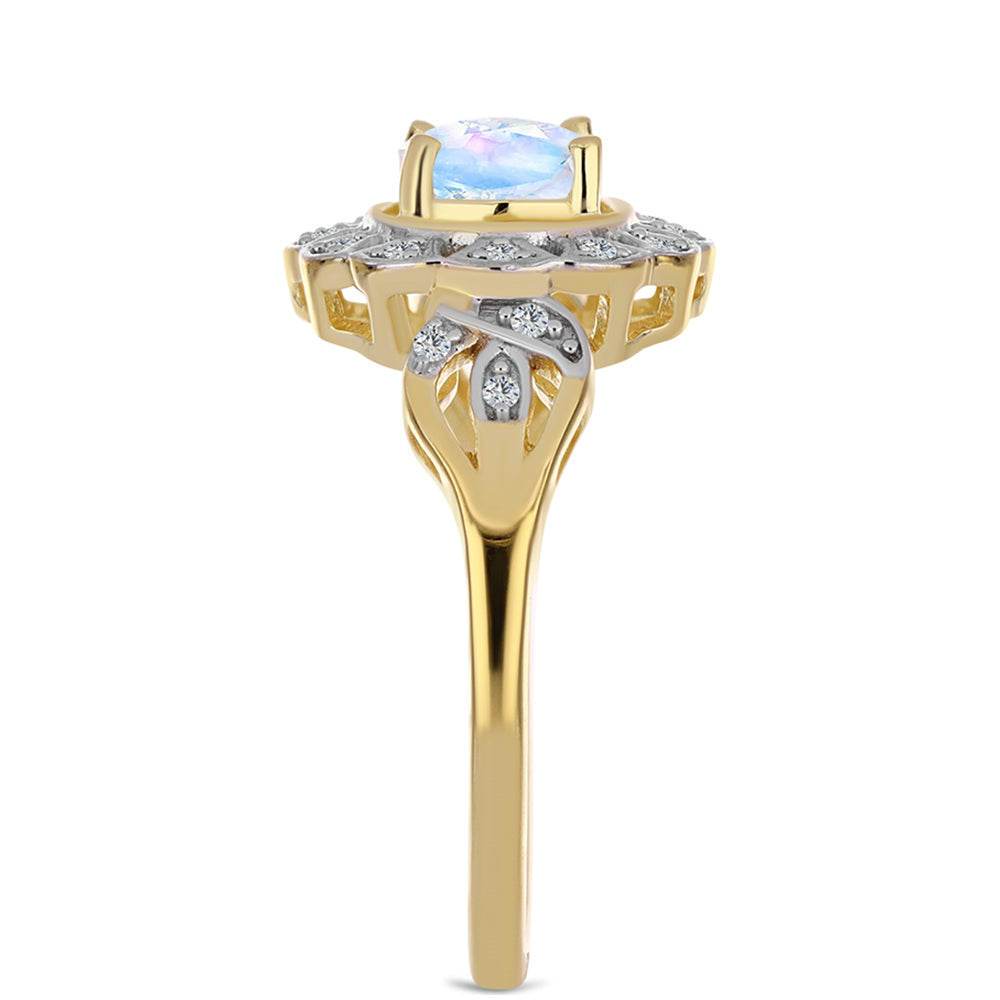 Pozlacené stříbro 925/1000 Prsten s Duhovým Měsíčním Kamenem a Bílým Topazem - Karátové číslo: 1.23. přibližná hmotnost: 3.76 gramů 4 