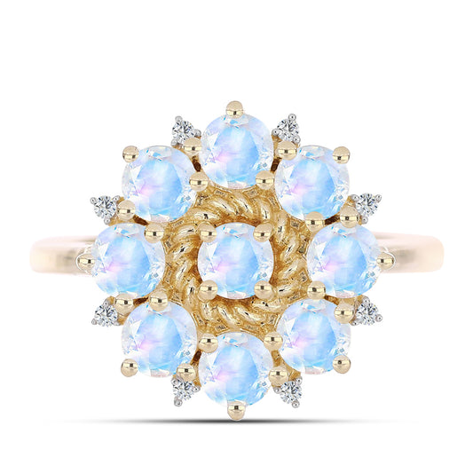 Pozlacené stříbro 925/1000 Prsten s Duhovým Měsíčním Kamenem a Bílým Topazem - Karátové číslo: 2.38. přibližná hmotnost: 4.32 gramů