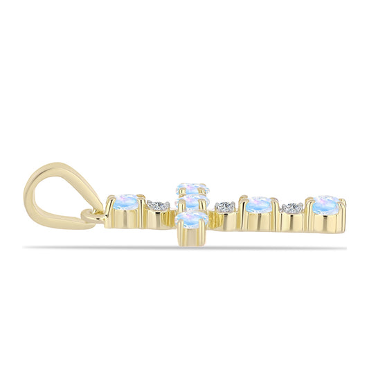 Pozlacené Stříbro 925/1000 - Přívěsek s Duhovým Měsíčním Kamenem a Bílým Topazem - Karátové číslo: 0.45. přibližná hmotnost: 1.1 gramů