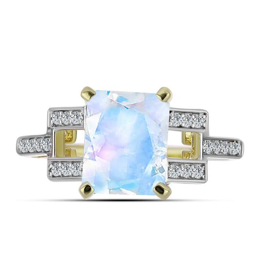 Pozlacené stříbro 925/1000 Prsten s Duhovým Měsíčním Kamenem a Bílým Topazem - Karátové číslo: 3.01. přibližná hmotnost: 3.75 gramů