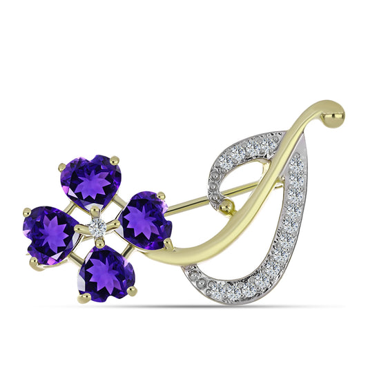 Pozlacené stříbro 925/1000 Brož s Marockým Ametystem a Bílým Topazem - Karátové číslo: 1.83. přibližná hmotnost: 3.6 gramů