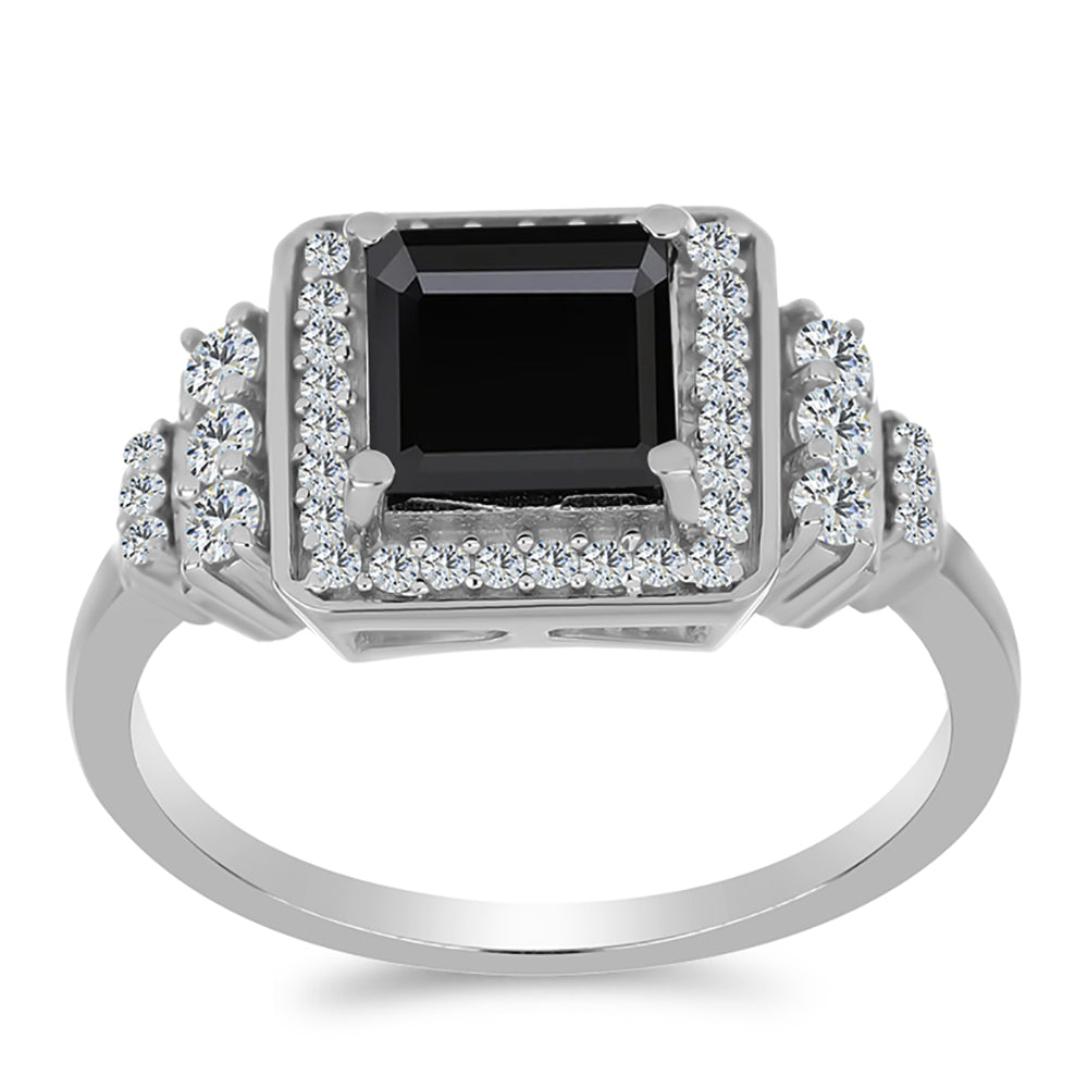 Stříbro 925/1000 - Prsten s Obsidiánem a Bílým Topazem - Karátové číslo: 1.95. přibližná hmotnost: 3.9 gramů