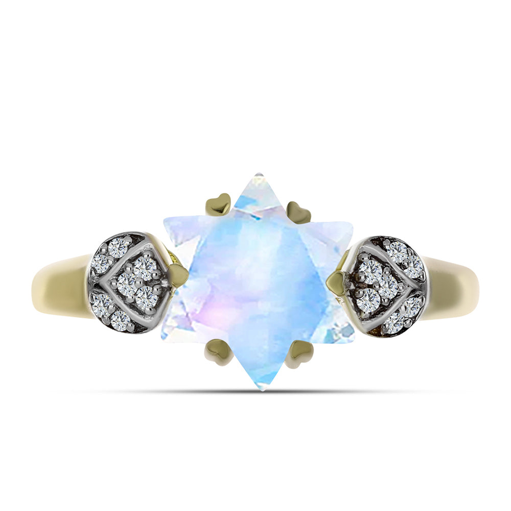 Pozlacené Stříbro 925/1000 - Prsten s Duhovým Měsíčním Kamenem a Bílým Topazem - Karátové číslo: 2.6. přibližná hmotnost: 3.02 gramů 1 