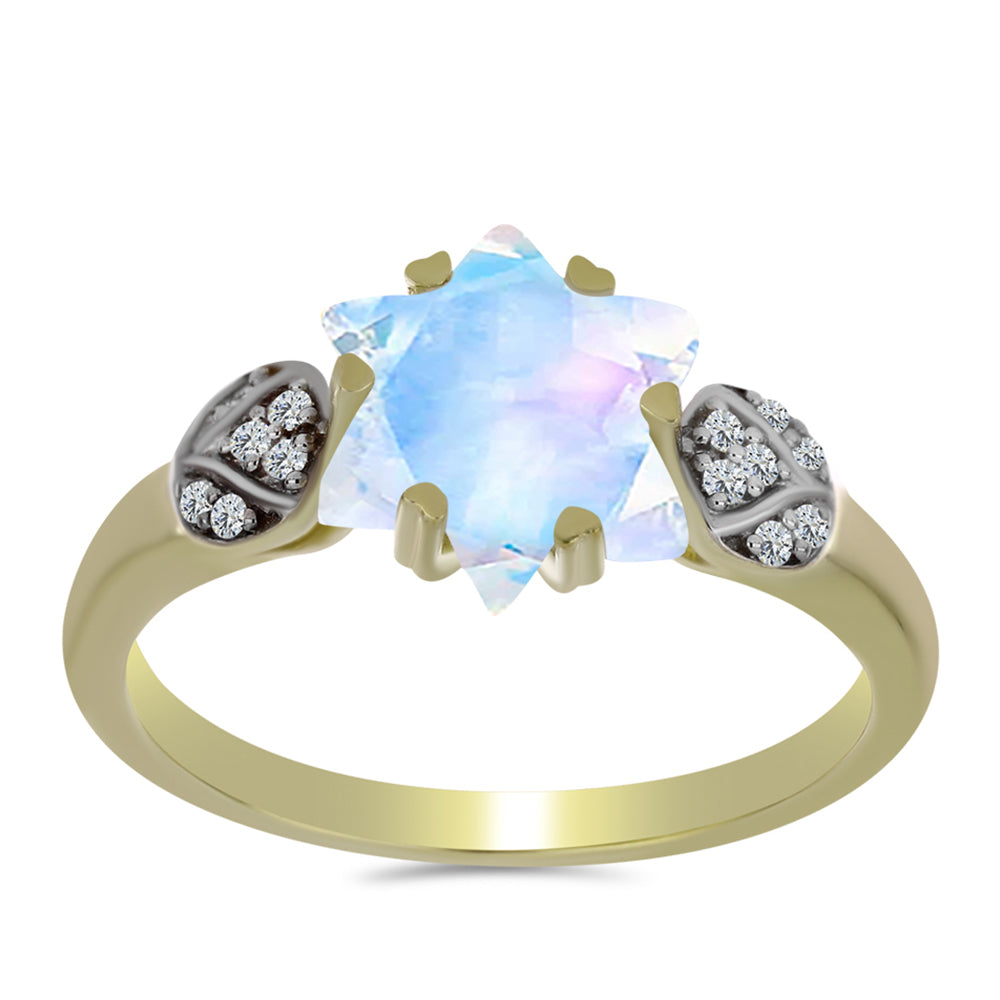 Pozlacené Stříbro 925/1000 - Prsten s Duhovým Měsíčním Kamenem a Bílým Topazem - Karátové číslo: 2.6. přibližná hmotnost: 3.02 gramů