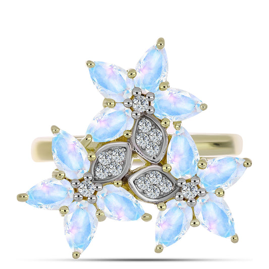 Pozlacené Stříbro 925/1000 - Prsten s Duhovým Měsíčním Kamenem a Bílým Topazem - Karátové číslo: 2.76. přibližná hmotnost: 4.31 gramů