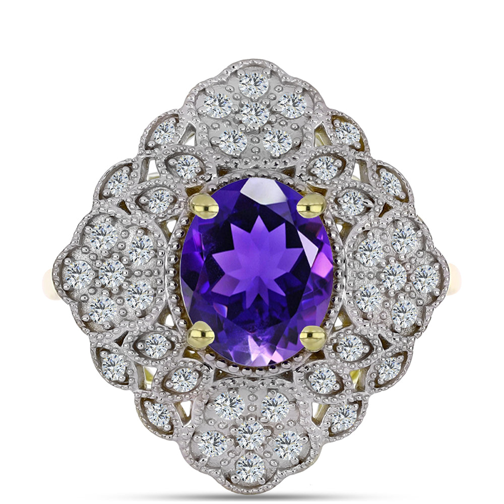 Pozlacené Stříbro 925/1000 - Prsten s Marockým Ametystem a Bílým Topazem - Karátové číslo: 2.98. přibližná hmotnost: 5.25 gramů 1 