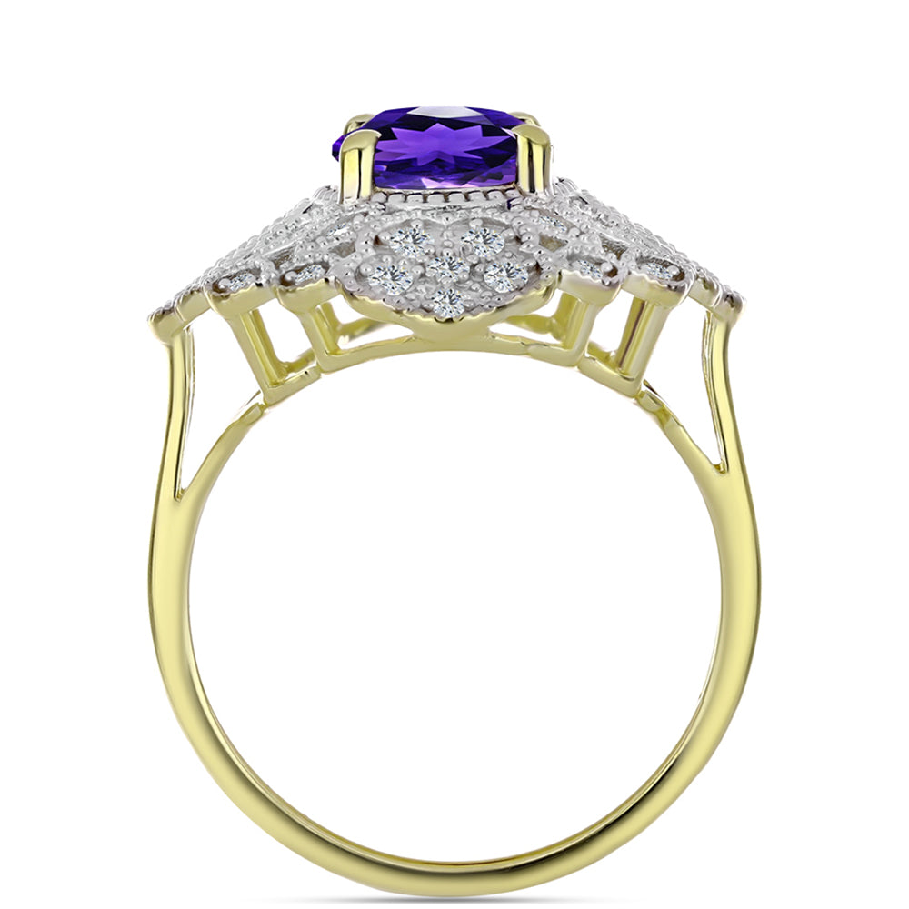 Pozlacené Stříbro 925/1000 - Prsten s Marockým Ametystem a Bílým Topazem - Karátové číslo: 2.98. přibližná hmotnost: 5.25 gramů