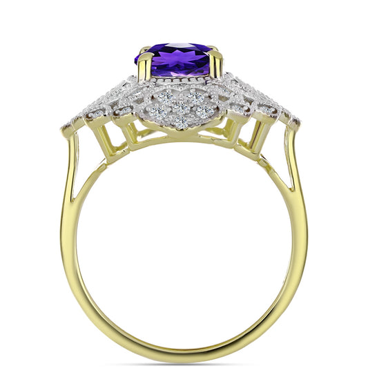 Pozlacené Stříbro 925/1000 - Prsten s Marockým Ametystem a Bílým Topazem - Karátové číslo: 2.98. přibližná hmotnost: 5.25 gramů