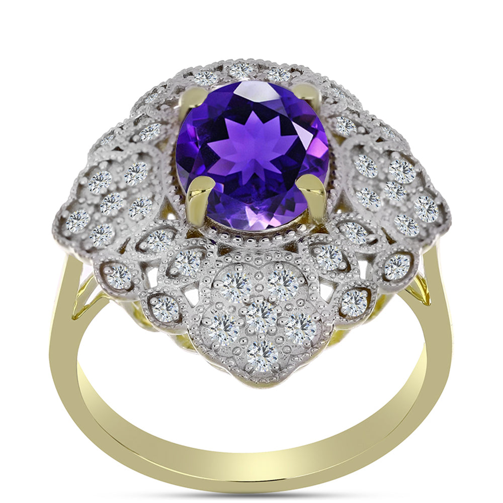 Pozlacené Stříbro 925/1000 - Prsten s Marockým Ametystem a Bílým Topazem - Karátové číslo: 2.98. přibližná hmotnost: 5.25 gramů