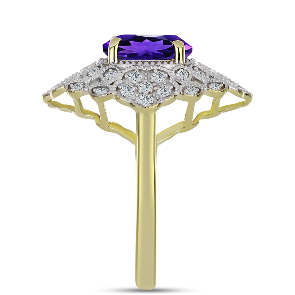 Pozlacené Stříbro 925/1000 - Prsten s Marockým Ametystem a Bílým Topazem - Karátové číslo: 2.98. přibližná hmotnost: 5.25 gramů