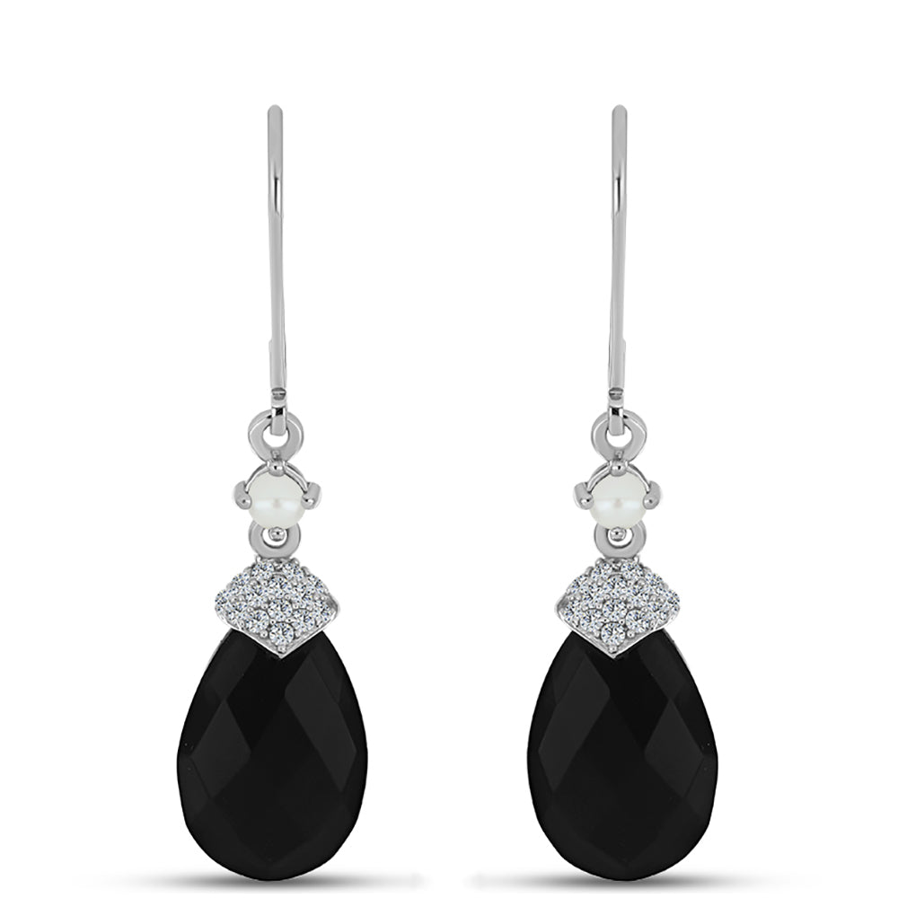 Stříbrné Náušnice s Obsidiánem a Bílou Sladkovodní Perlou 1 