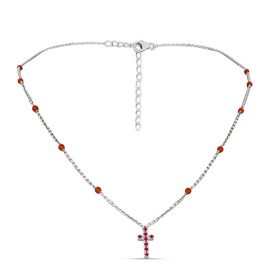 Kříž Stříbrný Náhrdelník s Madagaskarským Rubínem a Karneolem