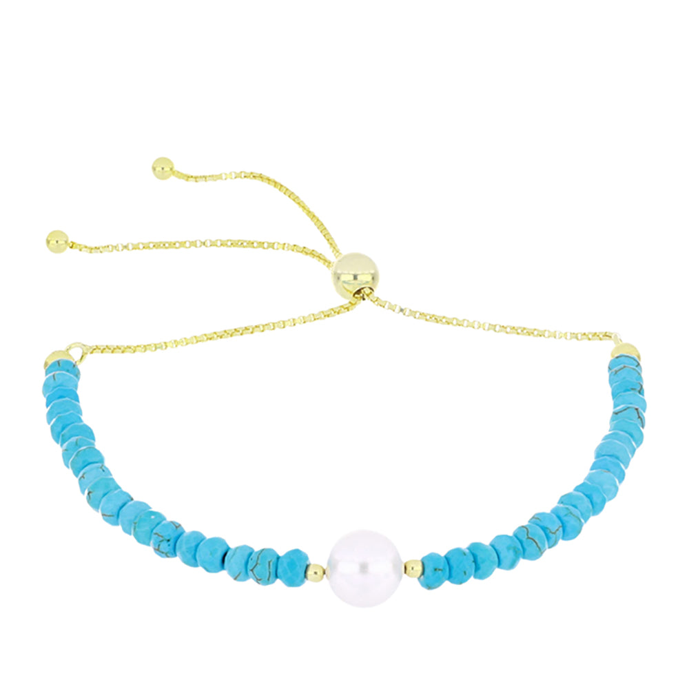 Pozlacené Stříbro 925/1000 - Náramek s Tyrkysem Sleeping Beauty a Bílou Sladkovodní Perlou - Karátové číslo: 14.25. přibližná hmotnost: 4.7 gramů 1 