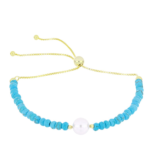 Pozlacený Stříbrný Náramek s Tyrkysem Sleeping Beauty a Bílou Sladkovodní Perlou
