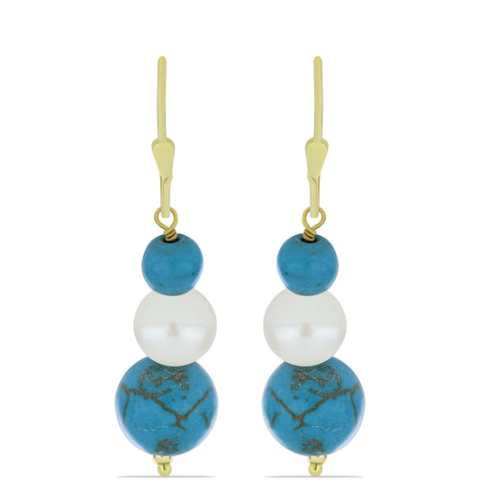 Pozlacené Stříbrné Náušnice s Tyrkysem Sleeping Beauty a Bílou Sladkovodní Perlou