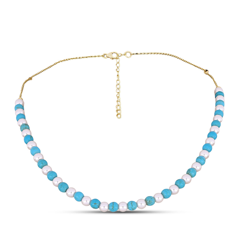 Pozlacené Stříbro 925/1000 - Náhrdelník s Tyrkysem Sleeping Beauty a Bílou Sladkovodní Perlou - Karátové číslo: 62. přibližná hmotnost: 14.35 gramů