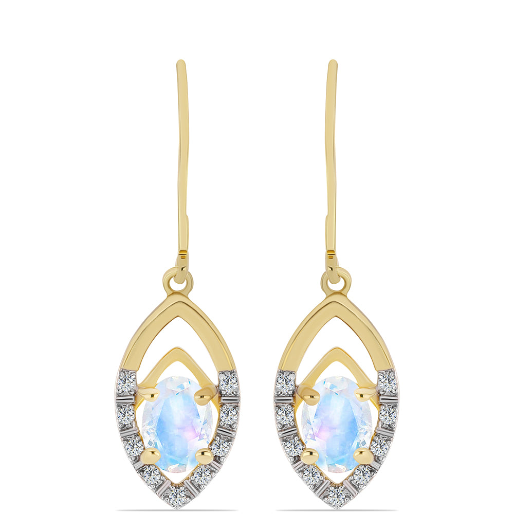 Pozlacené Stříbro 925/1000 - Náušnice s Duhovým Měsíčním Kamenem a Bílým Topazem - Karátové číslo: 1.71. přibližná hmotnost: 3.06 gramů 1 