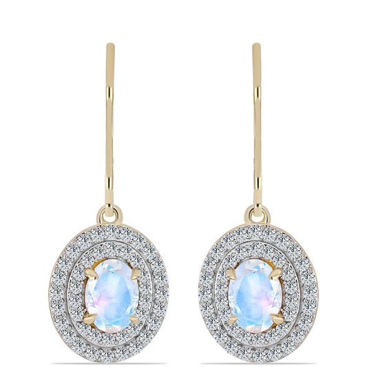 Pozlacené Stříbro 925/1000 - Náušnice s Duhovým Měsíčním Kamenem a Bílým Topazem - Karátové číslo: 2.31. přibližná hmotnost: 3.56 gramů