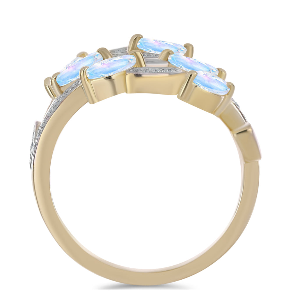 Pozlacené Stříbro 925/1000 - Prsten s Duhovým Měsíčním Kamenem a Bílým Topazem - Karátové číslo: 1.25. přibližná hmotnost: 5.48 gramů 2 