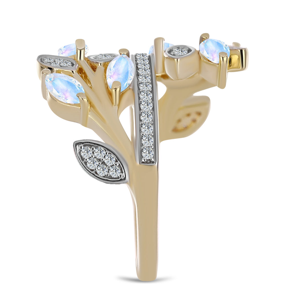 Pozlacené Stříbro 925/1000 - Prsten s Duhovým Měsíčním Kamenem a Bílým Topazem - Karátové číslo: 1.25. přibližná hmotnost: 5.48 gramů 4 