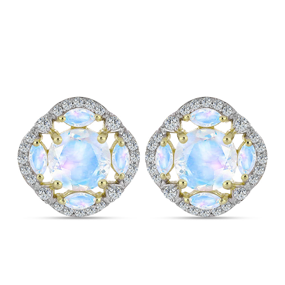 Pozlacené stříbro 925/1000 Náušnice s Duhovým Měsíčním Kamenem - Karátové číslo: 3.55. přibližná hmotnost: 5.04 gramů