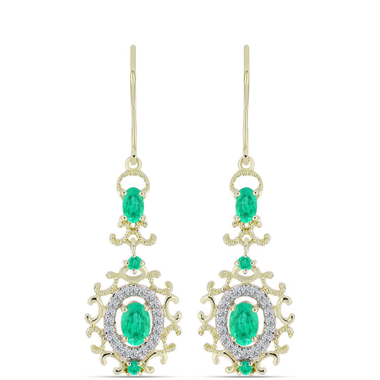 Pozlacené Stříbro 925/1000 - Náušnice s Kolumbijským Smaragdem a Bílým Diamantem - Karátové číslo: 1.67. přibližná hmotnost: 4.46 gramů